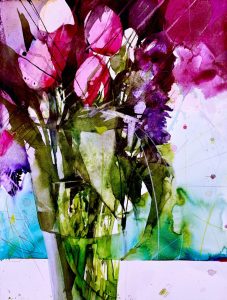 Aquarellgemälde mit knalligen Farben. Krfäftige Tulpen in Pink und Violett