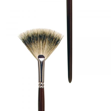 Oil and Acrylic brush fan form, pure badger hair, seamless nickel ferrule, long brown-lacquered wooden handle.