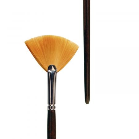 Oil and Acrylic brush fan form, golden synthetic hair “Toray”, seamless nickel ferrule, long brown-lacquered wooden handle.