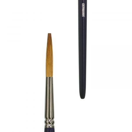Lettering brush, red sable imitation hair, seamless nickel ferrule, short indigo-lacquered handle. Made in Germany.