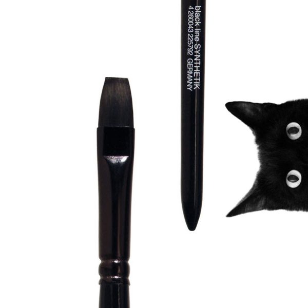 Oil and Acrylic brush “black line", flat, black synthetic hair, seamless black aluminium ferrule, short black-lacquered wooden handle.