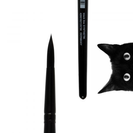 Oil and Acrylic brush “black line", round, black synthetic hair, seamless black aluminium ferrule, short black-lacquered wooden handle.