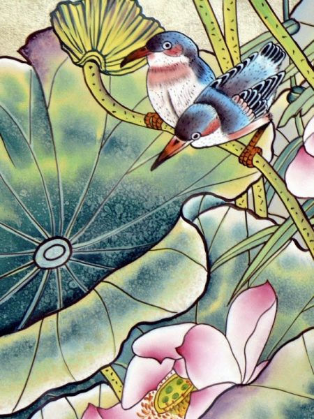 Very detailed silk painting of two birds and flowers